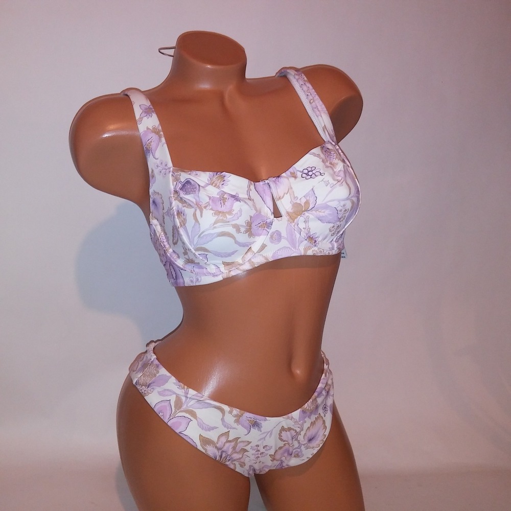 Victoria Secret Swim Bikini 38C Top Large Brazilian Bottom Purple White Paisley